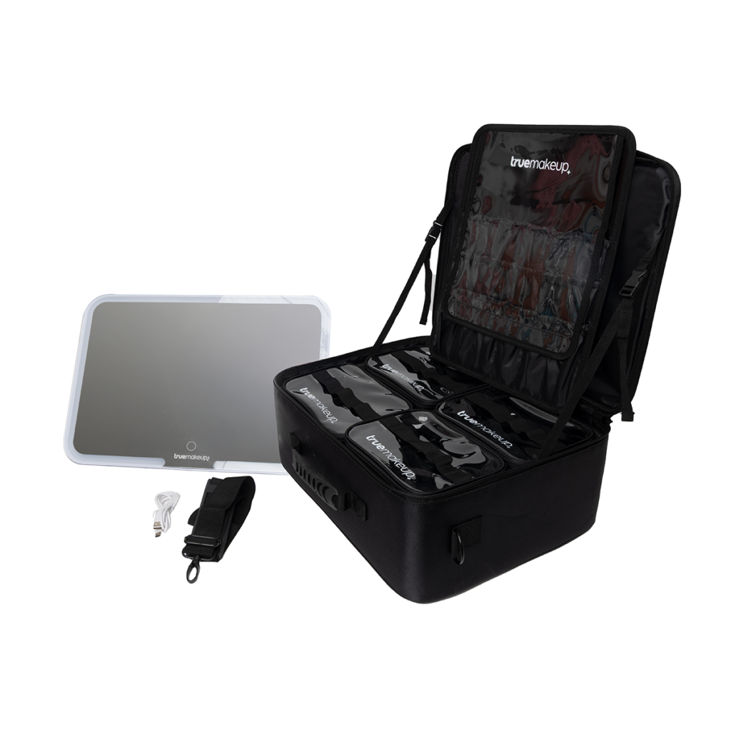 Maletín profesional de maquillaje con espejo LED, correa y accesorios